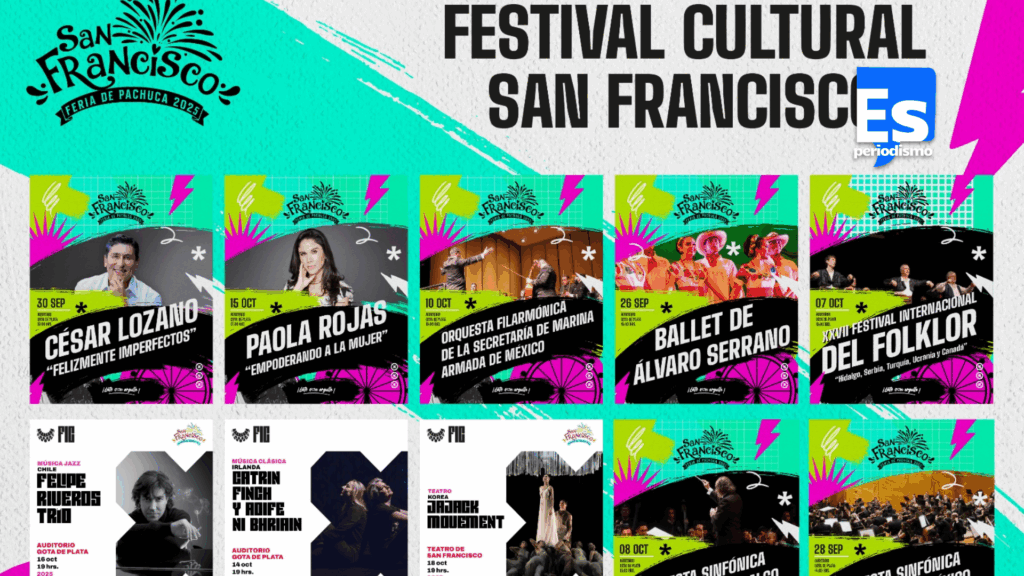El festival iniciará el 26 de septiembre, con la presentación del Ballet Folklórico del estado de Hidalgo de Álvaro Serrano, y continuará el 30 con la conferencia Felizmente imperfectos, a cargo de César Lozano. El ciclo cultural sigue el 7 de octubre con el Festival Internacional del Folklor, que reunirá a bailarines de Canadá, Ucrania, Serbia, Turquía y México; el día 8 la Orquesta Sinfónica del estado de Hidalgo; y el 10 la Orquesta Filarmónica de la Secretaría de Marina. Finalmente, el 15 la periodista Paola Rojas ofrecerá una conferencia enfocada en el empoderamiento femenino.