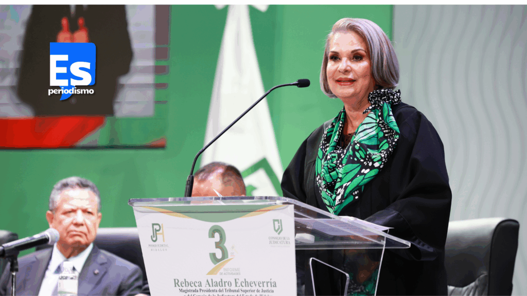 Finalmente, Aladro agradeció al gobernador Julio Menchaca su respaldo permanente y el apoyo decidido para fortalecer la labor de la familia judicial hidalguense; “porque en Hidalgo la justicia no sólo se imparte, se vive y se defiende con el corazón”, concluyó. El auditorio Gota de Plata, sede del evento, albergó a senadores de la República, diputados locales y federales, así como también a dirigentes de cámaras empresariales, expresidentes del Poder Judicial de esta entidad, entre otros justiciables de reconocida trayectoria, quienes testificaron el informe que tuvo un formato de testimoniales de Aladro intercaladas con materiales de audio y video para mostrar las actividades de los 12 meses de trabajo.